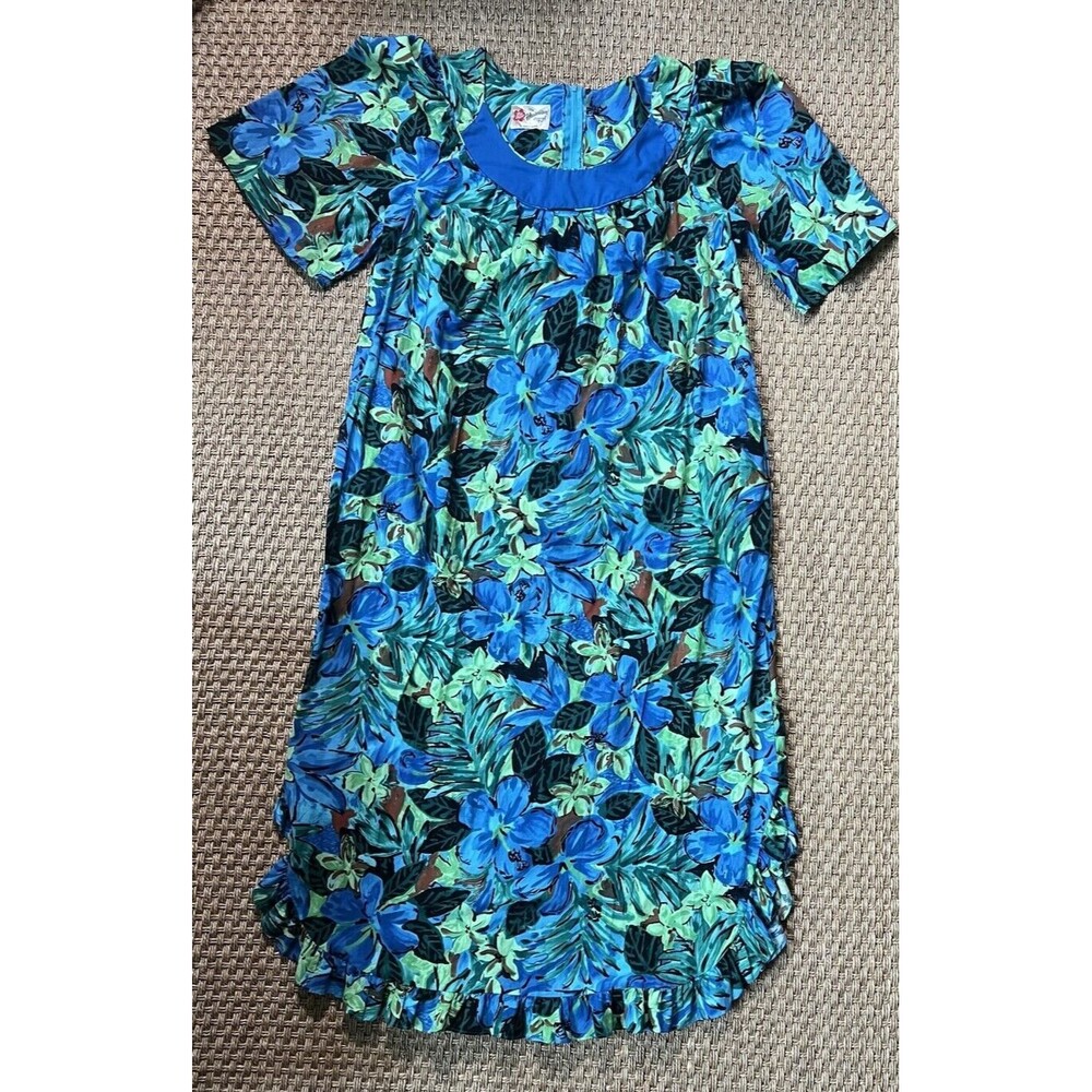 VTG Hilo Hattie Dress Large Maxi Muumuu  Ruffle Hem  Blue Floral Hawaiian Aloha